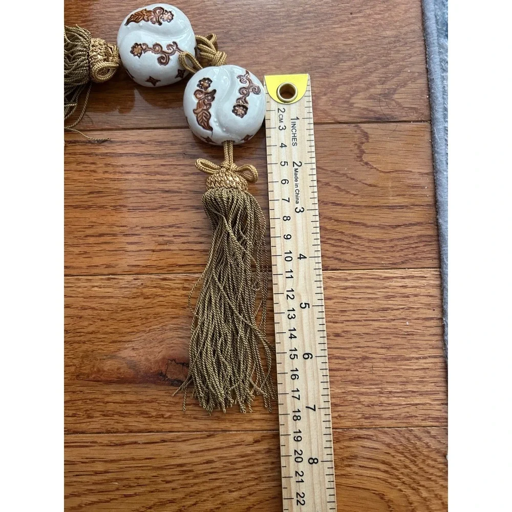 Vintage Ceramic Floral Tassels Curtain Tiebacks Olive Gold Fringe Set of 2